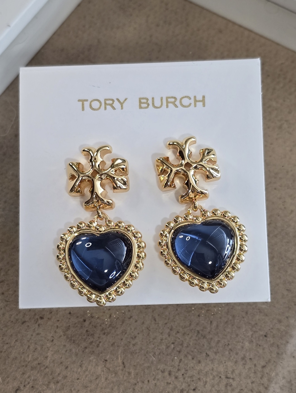 Tory Burch Gold-Tone Earrings with Deep Blue Heart Cabochons